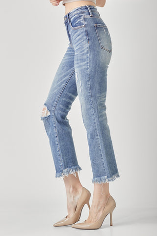 RISEN High Waist Distressed Cropped Bootcut Jeans Trendsi