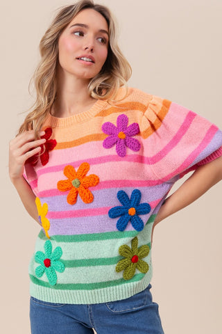 BiBi Flower Patch Puff Sleeve Striped Sweater Trendsi