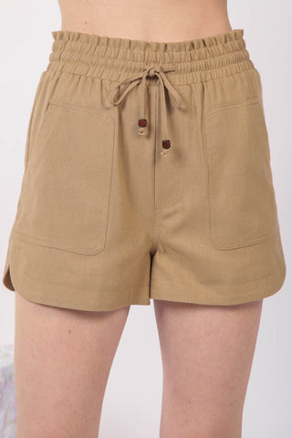 VERY J Drawstring Elastic Waist Linen Shorts Trendsi