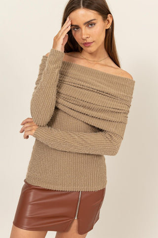 HYFVE Fuzzy Off Shoulder Textured Knit Top Trendsi