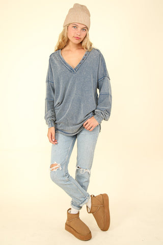 VERY J Washed V-Neck Exposed Seam Knit Top Trendsi