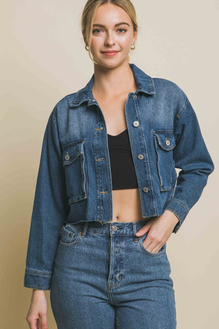 Love Tree Raw Hem Button Up Cropped Denim Jacket Trendsi