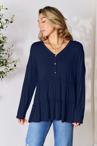 Double Take Half Button Long Sleeve Ruffle Hem Blouse Trendsi