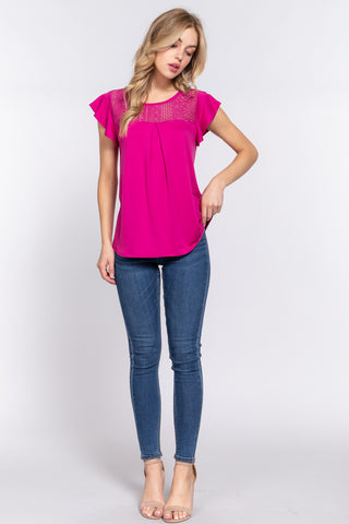 ACTIVE BASIC Ruffle Short Sleeve Lace Detail Knit Top Trendsi