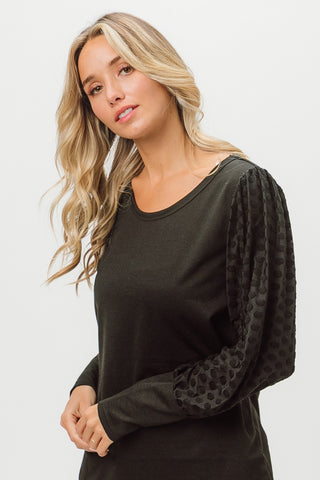 BiBi Round Neck Polka Dot Lantern Sleeve Top Trendsi