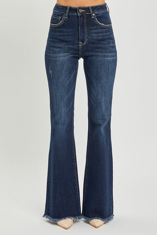 RISEN High Waist Raw Hem Flare Jeans Trendsi