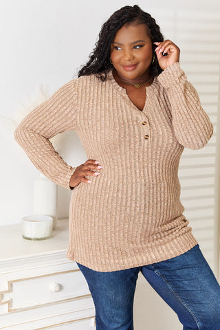 Double Take Notched Neck Ribbed Long Sleeve T-Shirt Trendsi