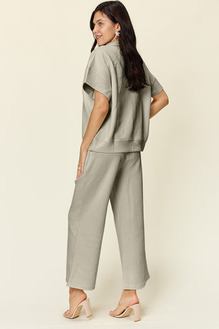 Double Take Full Size Texture Half Zip Short Sleeve Top and Pants Set Trendsi