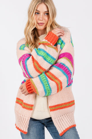 SAGE + FIG Rainbow Striped Open Front Knit Cardigan Trendsi