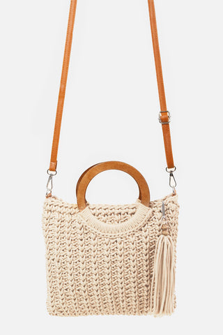 Fame Crochet Knit Convertible Tote Bag with Tassel Trendsi