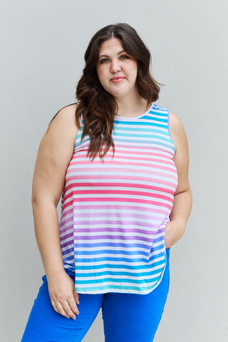 Heimish Love Yourself Full Size Multicolored Striped Sleeveless Round Neck Top Trendsi