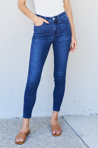 Judy Blue Marie Full Size Mid Rise Crinkle Ankle Detail Skinny Jeans Trendsi