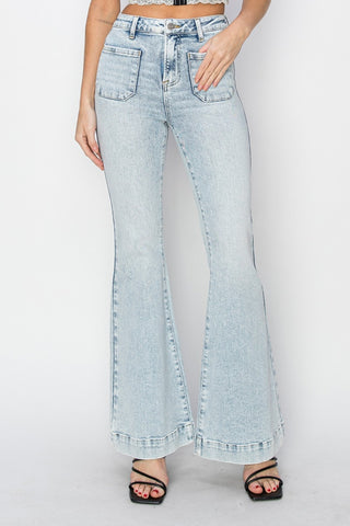 Risen Full Size High Rise Front Patch Pocket Flare Jeans Trendsi