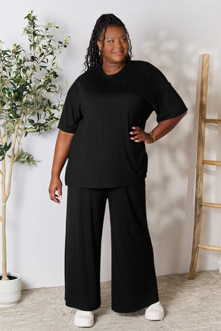 Double Take Full Size Round Neck Slit Top and Pants Set Trendsi