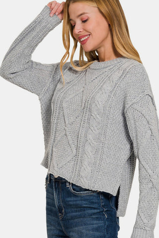 Zenana Cropped High Low Cable Sweater with Side Slits Trendsi