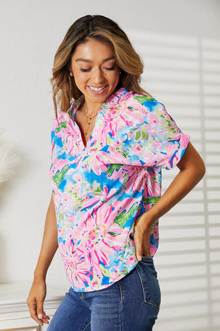 Double Take Floral Notched Neck Short Sleeve Top Trendsi