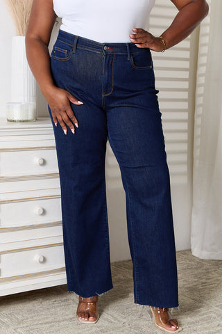 Judy Blue Full Size Raw Hem Straight Leg Jeans with Pockets Trendsi