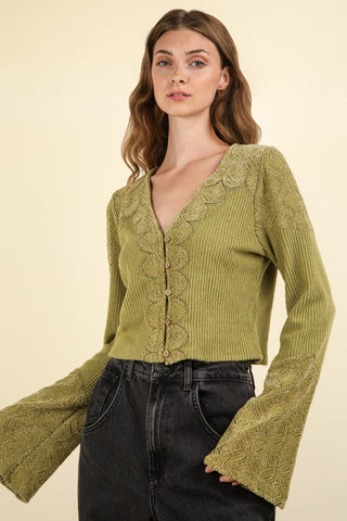 VERY J V-Neck Lace Detail Button Down Crop Ribbed Knit Top Trendsi