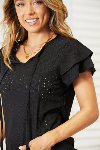 Mandy Eyelet Tie-Neck Flutter Sleeve Blouse Trendsi