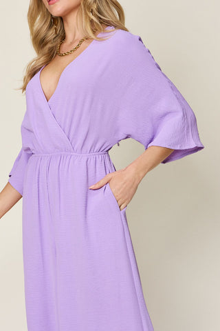 Double Take Full Size Surplice Wide Leg Jumpsuit with Pockets Trendsi