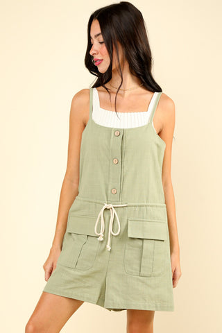 VERY J Half Button Drawstring Sleeveless Romper Trendsi