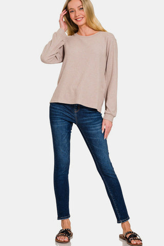 Zenana Hacci Round Neck Long Sleeve T-Shirt Trendsi