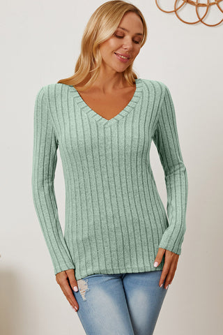 Basic Bae Full Size Ribbed V-Neck Long Sleeve T-Shirt Trendsi