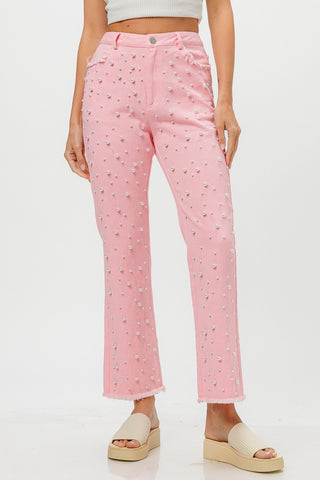 BiBi Washed Pearl Embellished Pants Trendsi