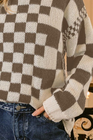 BiBi Checkered Contrast Chunky Sweater Trendsi