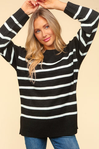 Haptics Full Size Striped Contrast Side Slit Sweater Trendsi