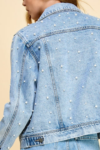 Veveret Button Up Pearl Detail Long Sleeve Denim Jacket Trendsi