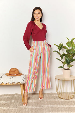 Double Take Striped Smocked Waist Pants with Pockets Trendsi