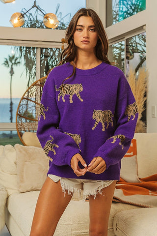 BiBi Tiger Pattern Long Sleeve Sweater Trendsi