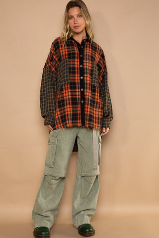 POL Plaid Contrast Long Sleeve Raw Hem Shacket with Chest Pockets Trendsi