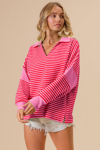 BiBi Striped Contrast Long Sleeve Knit Top Trendsi