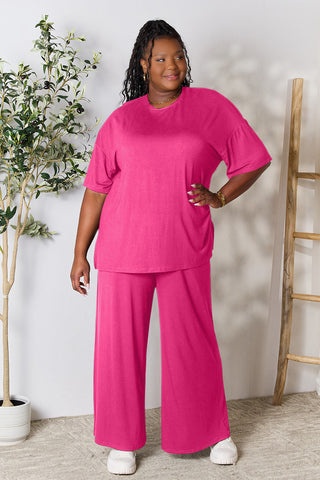 Double Take Full Size Round Neck Slit Top and Pants Set Trendsi