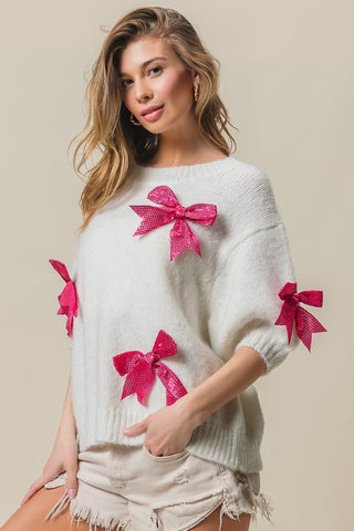 BiBi Sequin Bow Puff Sleeve Sweater Trendsi