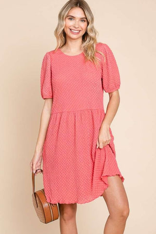 Culture Code Full Size Textured Round Neck Puff Sleeve Dress Trendsi