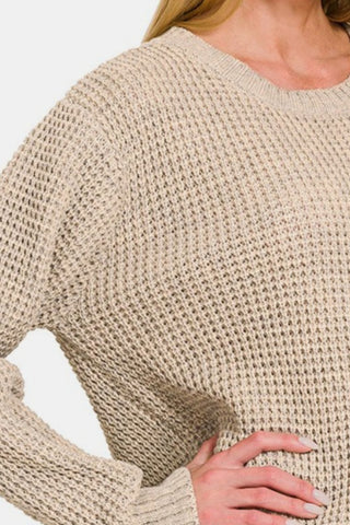 Zenana High Low Long Sleeve Waffle Sweater Trendsi