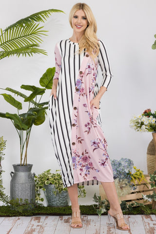 Celeste Full Size Floral Striped Contrast Midi-Dress with Pockets Trendsi