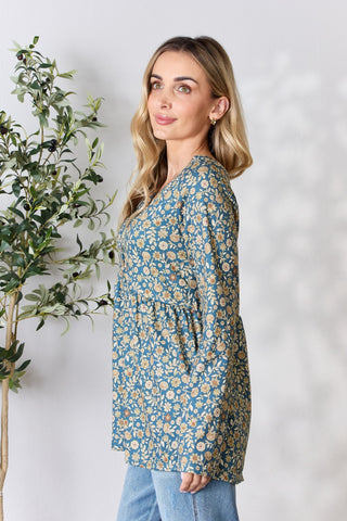 Heimish Full Size Floral Half Button Long Sleeve Blouse Trendsi