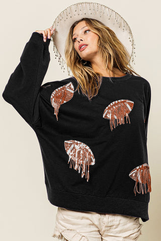 BiBi Sequin Fringe Football Patch Round Neck Sweatshirt Trendsi