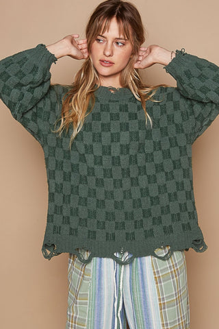 POL Checkered Distressed Edge Sweater Trendsi