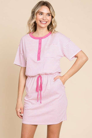 Culture Code Full Size Striped Short Sleeve Mini Dress with Pockets Trendsi