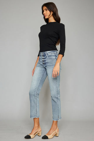 Kancan High Waist Button Fly Raw Hem Cropped Straight Jeans Trendsi