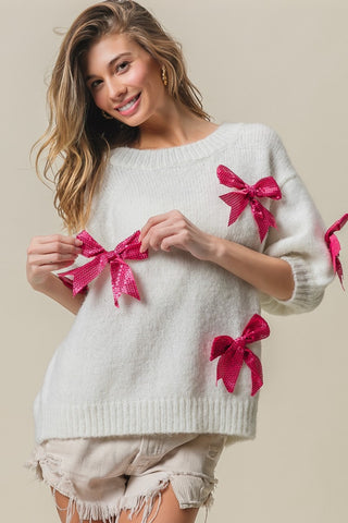 BiBi Sequin Bow Puff Sleeve Sweater Trendsi