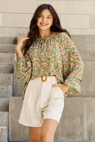 HEYSON She's Blossoming Full Size Balloon Sleeve Floral Blouse Trendsi