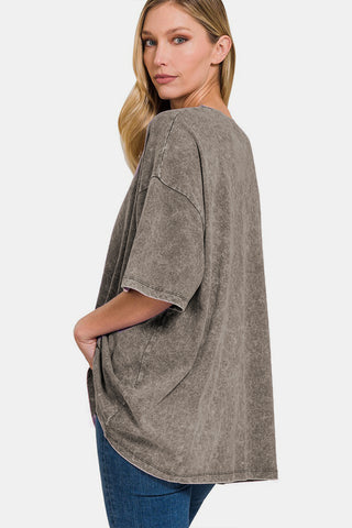 Zenana Washed Round Neck Drop Shoulder Oversized T-Shirt Trendsi