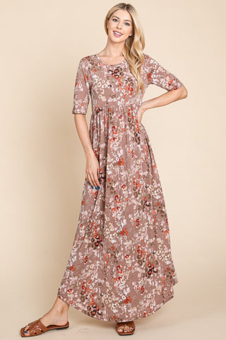 BOMBOM Printed Shirred Maxi Dress Trendsi