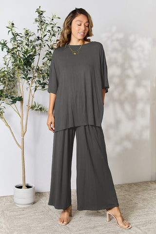 Double Take Full Size Round Neck Slit Top and Pants Set Trendsi